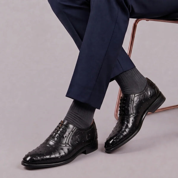Men's Black Ostrich Impression Leather Oxford Shoes
