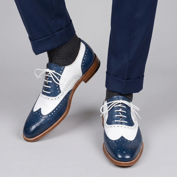 Men's Blue & White Leather Oxford Spectator Shoes