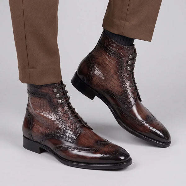 Wingtip Lace Up Boots- Croc Brown