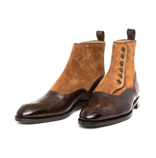 Two-Tone Suede & Leather Button Boots Handmade Luxury