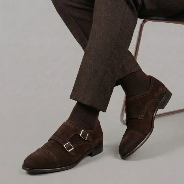 Men's double buckle shoe in dark brown suede