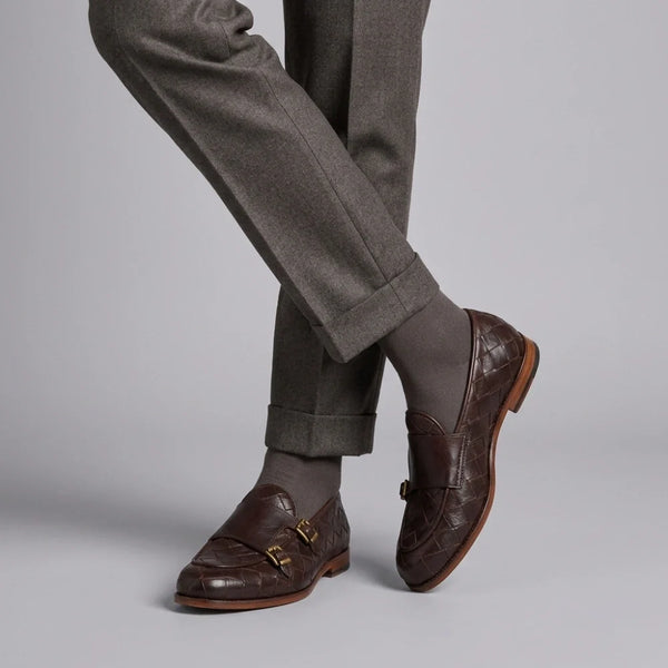 Dark brown moccasin with double golden buckle for men in woven leather