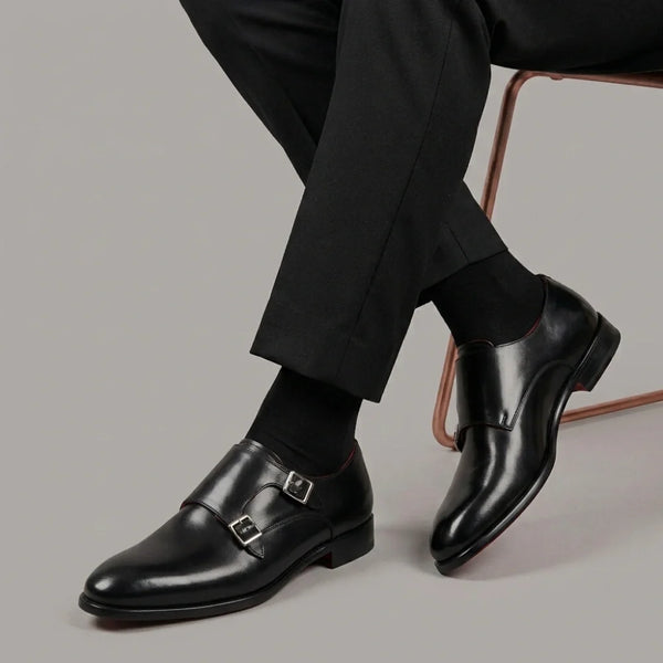 Men's double buckle shoe in black leather