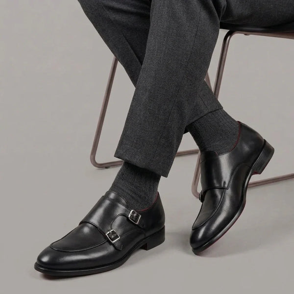 Black double buckle moccasin for men