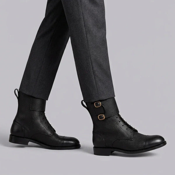 Atlas Black Leather Buckle Lace-Up Boots