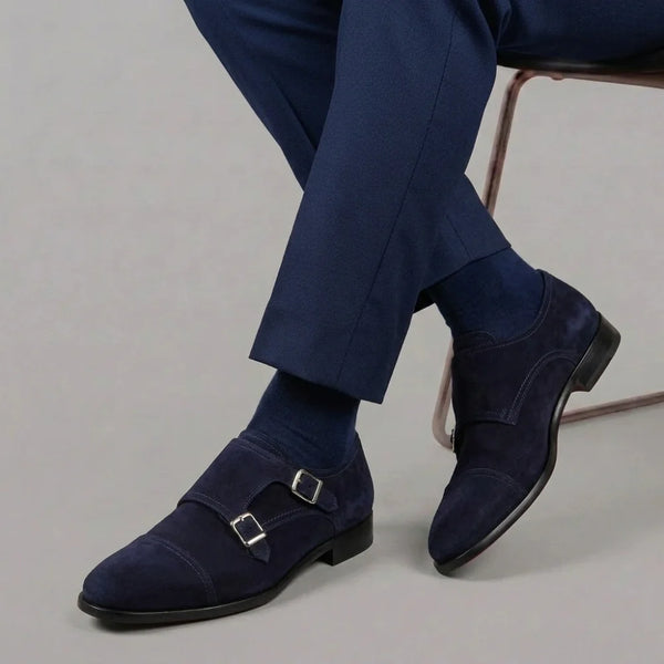 Double buckle men's shoe in blue suede