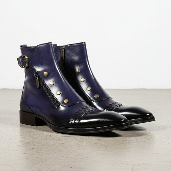 Men's Blue Patina Leather Ankle High Military Boots