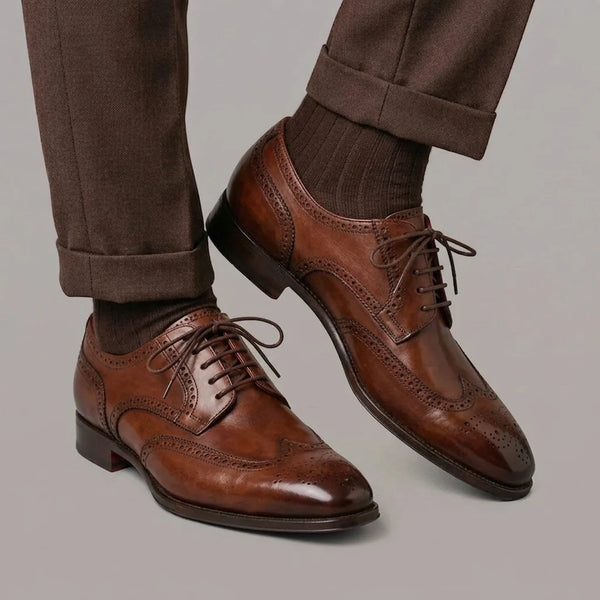 Men's derby in light brown leather with swallowtail and square toe