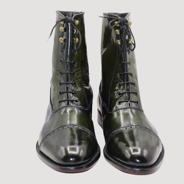 Green & Black Patina High-Top Cap-Toe Boots Goodyear Welted Leather Boots