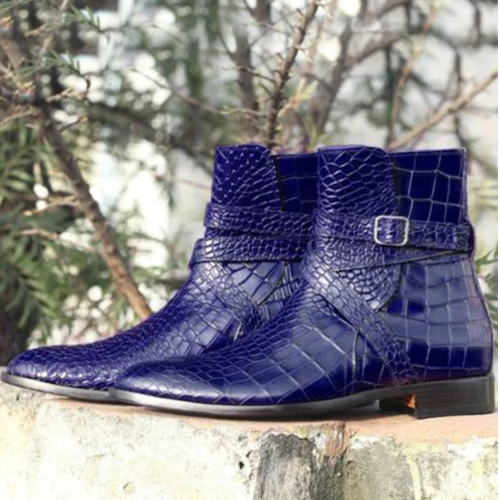 Blue Crocodile Print Monk Strap Handmade Welted Men’s Formal Ankle Boots