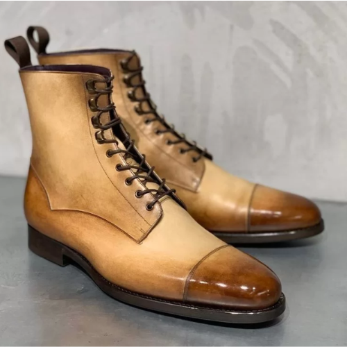 Beige Leather Derby Boots Handmade Goodyear Welted