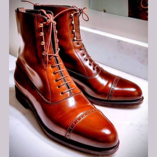 Custom Tan Leather Ankle Boots Handmade Lace-Up Vintage Style