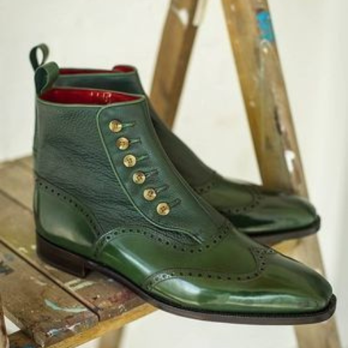 Green Leather Wingtip Ankle Boots Handmade Vintage Style