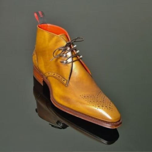 Yellow Leather Chukka Boots Elegant Lace-Up Dress Boots