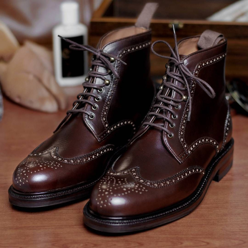Handmade Burgundy Wingtip Leather Custom Brogue Dress Boots